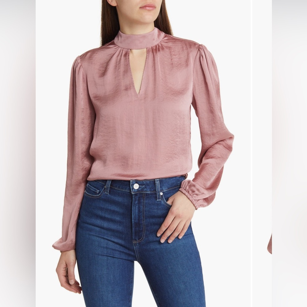 PAIGE Dusty Pink Keyhole Satin Blouse with tie back, size M
